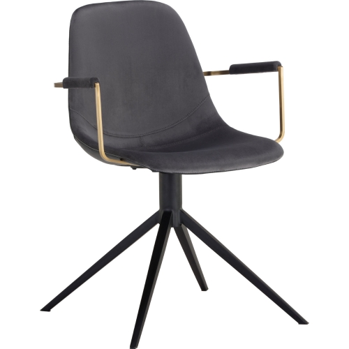 Cassius Swivel Dining Arm Chair in Grey Fabric, Black Leatherette & Iron